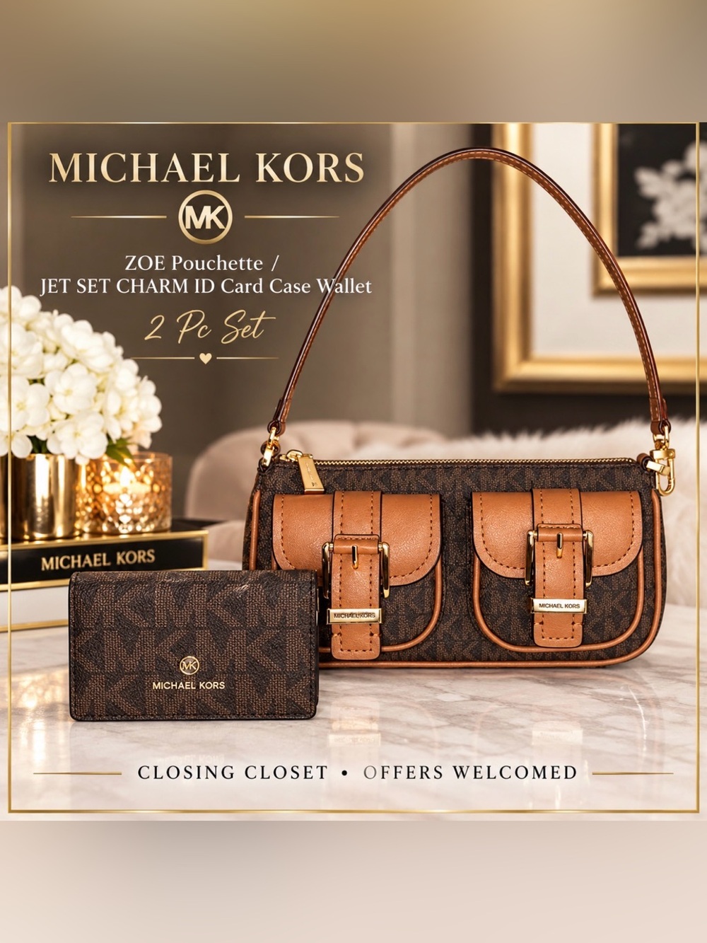 Michael Kors ZOE Pouchette/JET SET CHARM ID Card Case Wallet 2 Pc Set